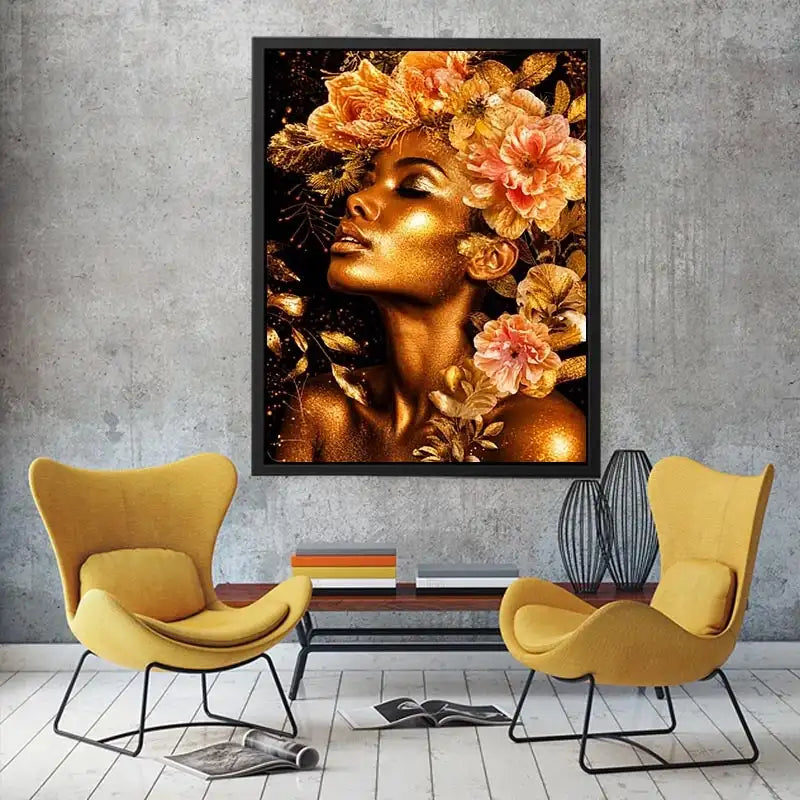 Golden floral portrait canvas print for elegant bedroom and hallway decor.