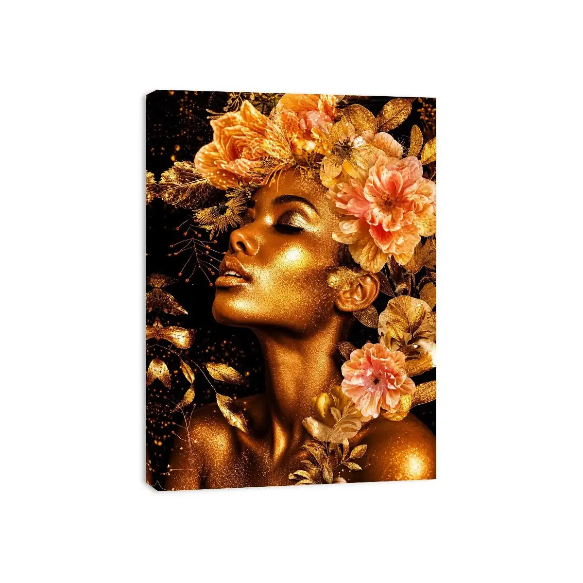 Golden floral portrait canvas print for elegant bedroom and hallway decor.