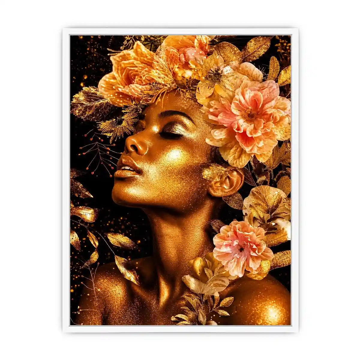 Golden floral portrait canvas print for elegant bedroom and hallway decor.