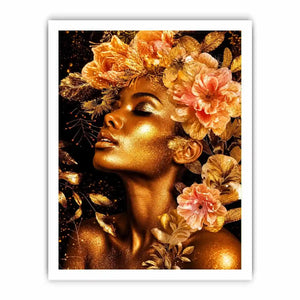 Golden floral portrait canvas print for elegant bedroom and hallway decor.