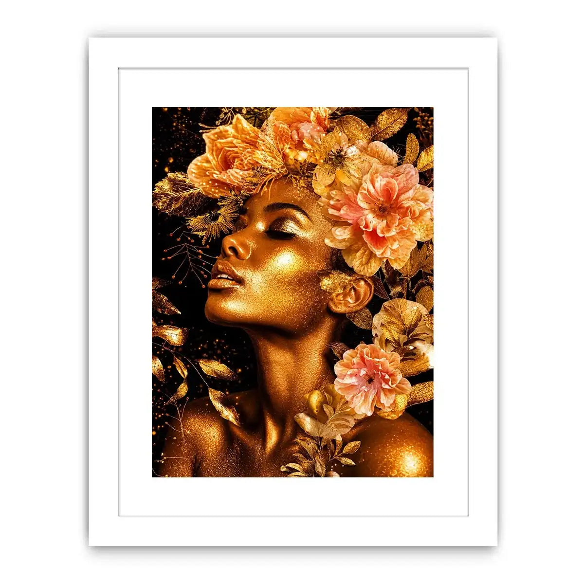 Golden floral portrait canvas print for elegant bedroom and hallway decor.