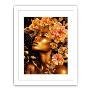 Golden floral portrait canvas print for elegant bedroom and hallway decor.