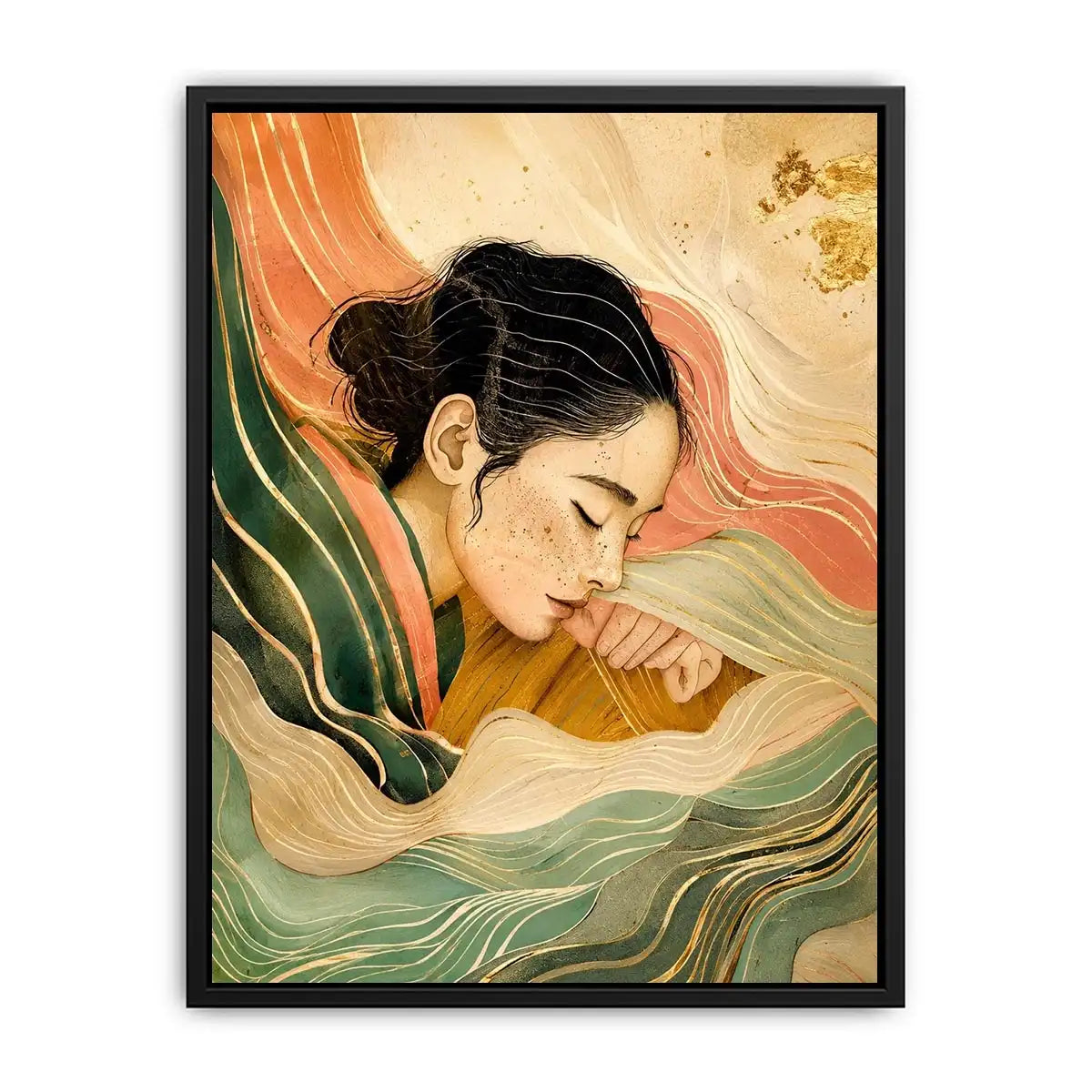 Abstract feminine portrait with flowing lines for calming Japandi bedroom decor.