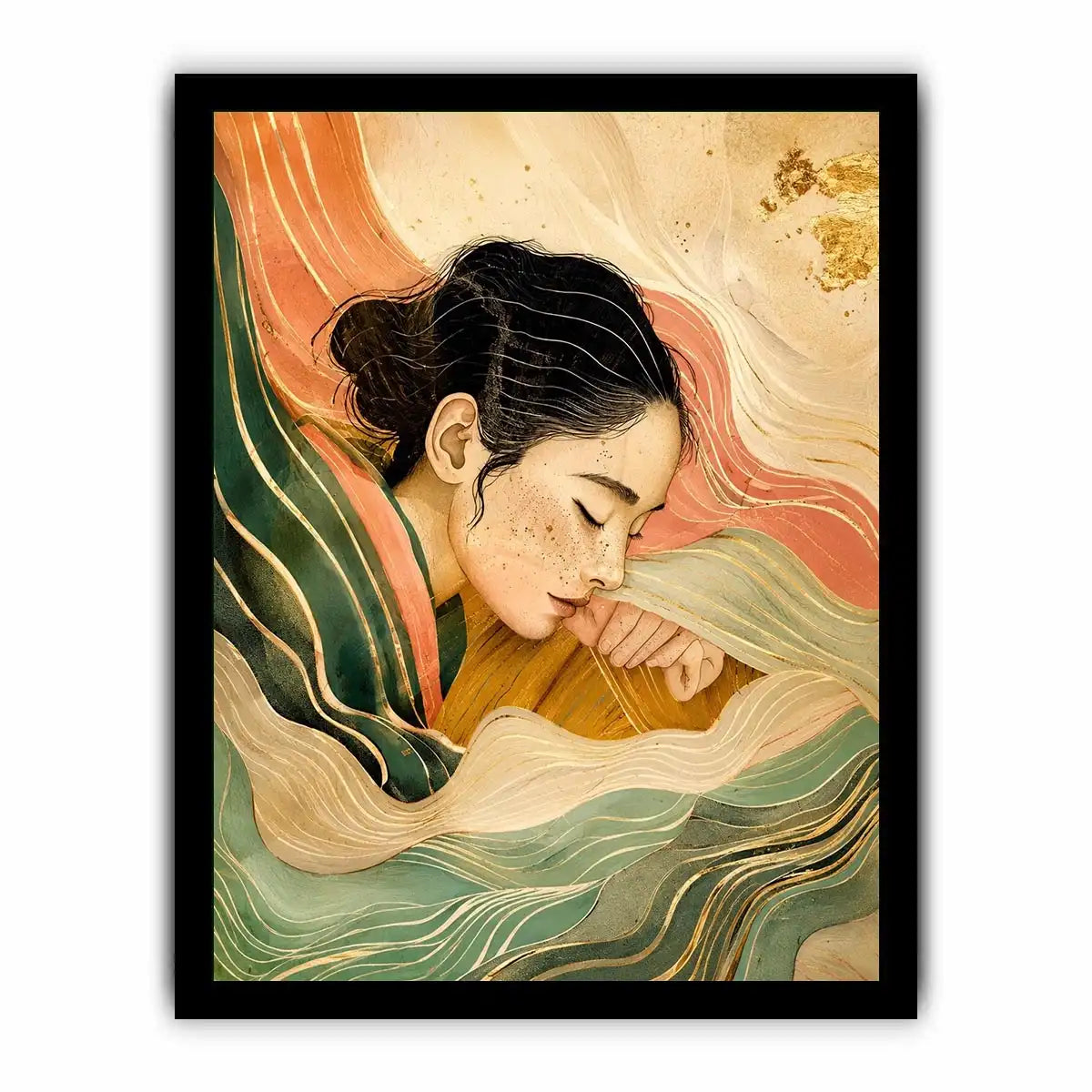 Abstract feminine portrait with flowing lines for calming Japandi bedroom decor.