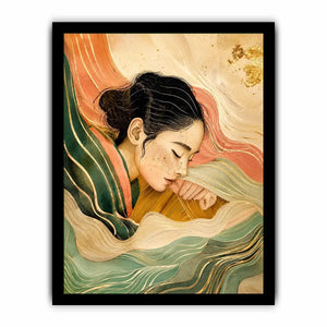 Abstract feminine portrait with flowing lines for calming Japandi bedroom decor.