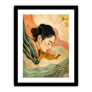 Abstract feminine portrait with flowing lines for calming Japandi bedroom decor.
