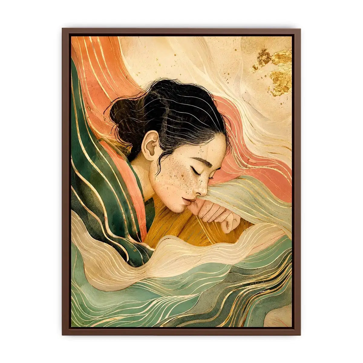 Abstract feminine portrait with flowing lines for calming Japandi bedroom decor.