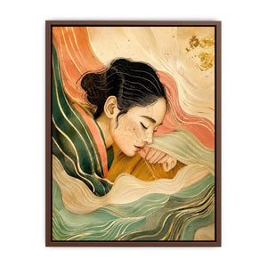 Abstract feminine portrait with flowing lines for calming Japandi bedroom decor.