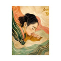 Abstract feminine portrait with flowing lines for calming Japandi bedroom decor.