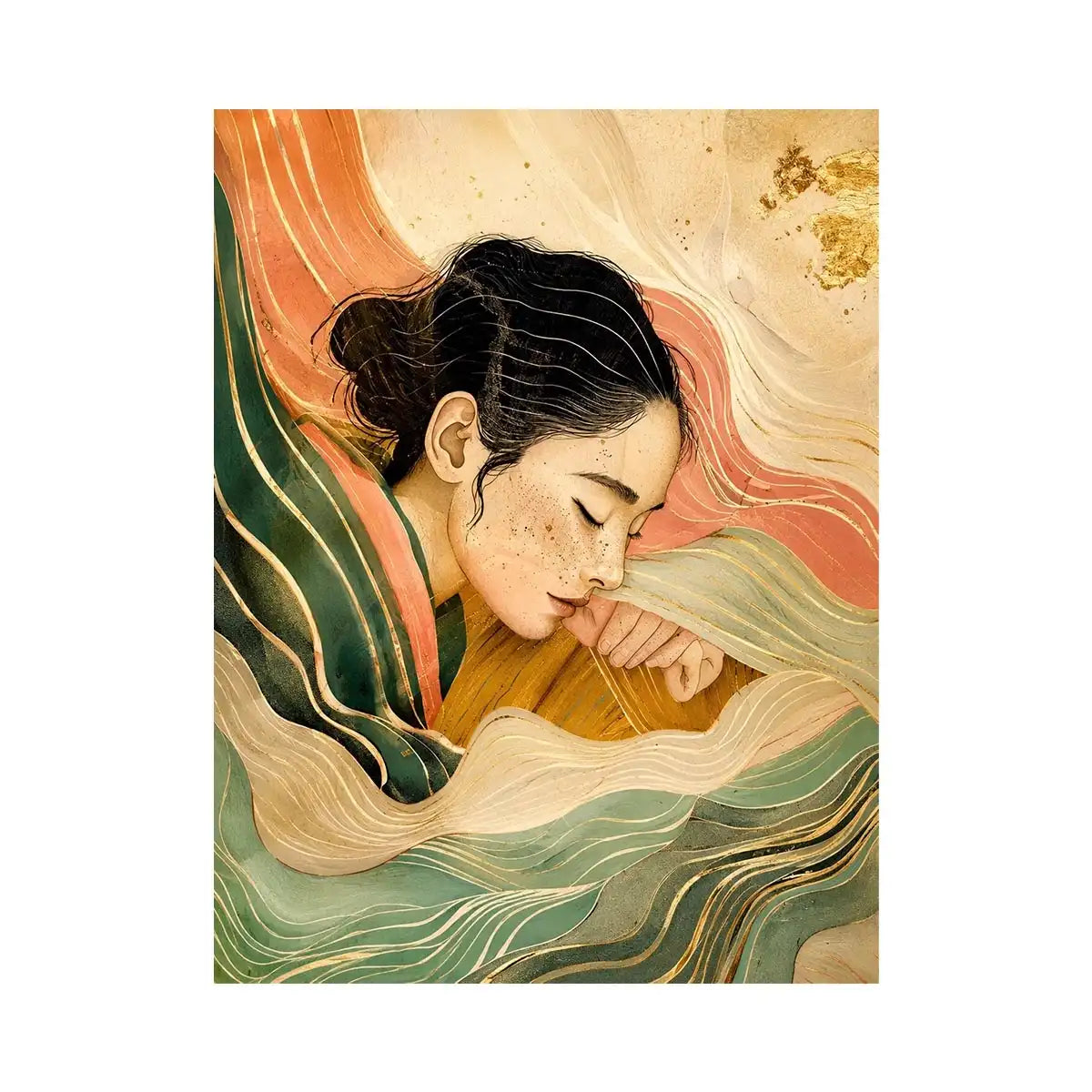 Abstract feminine portrait with flowing lines for calming Japandi bedroom decor.