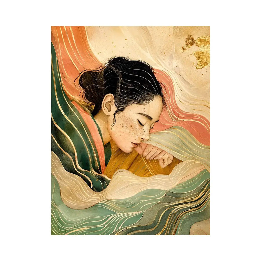 Abstract feminine portrait with flowing lines for calming Japandi bedroom decor.