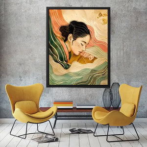 Abstract feminine portrait with flowing lines for calming Japandi bedroom decor.
