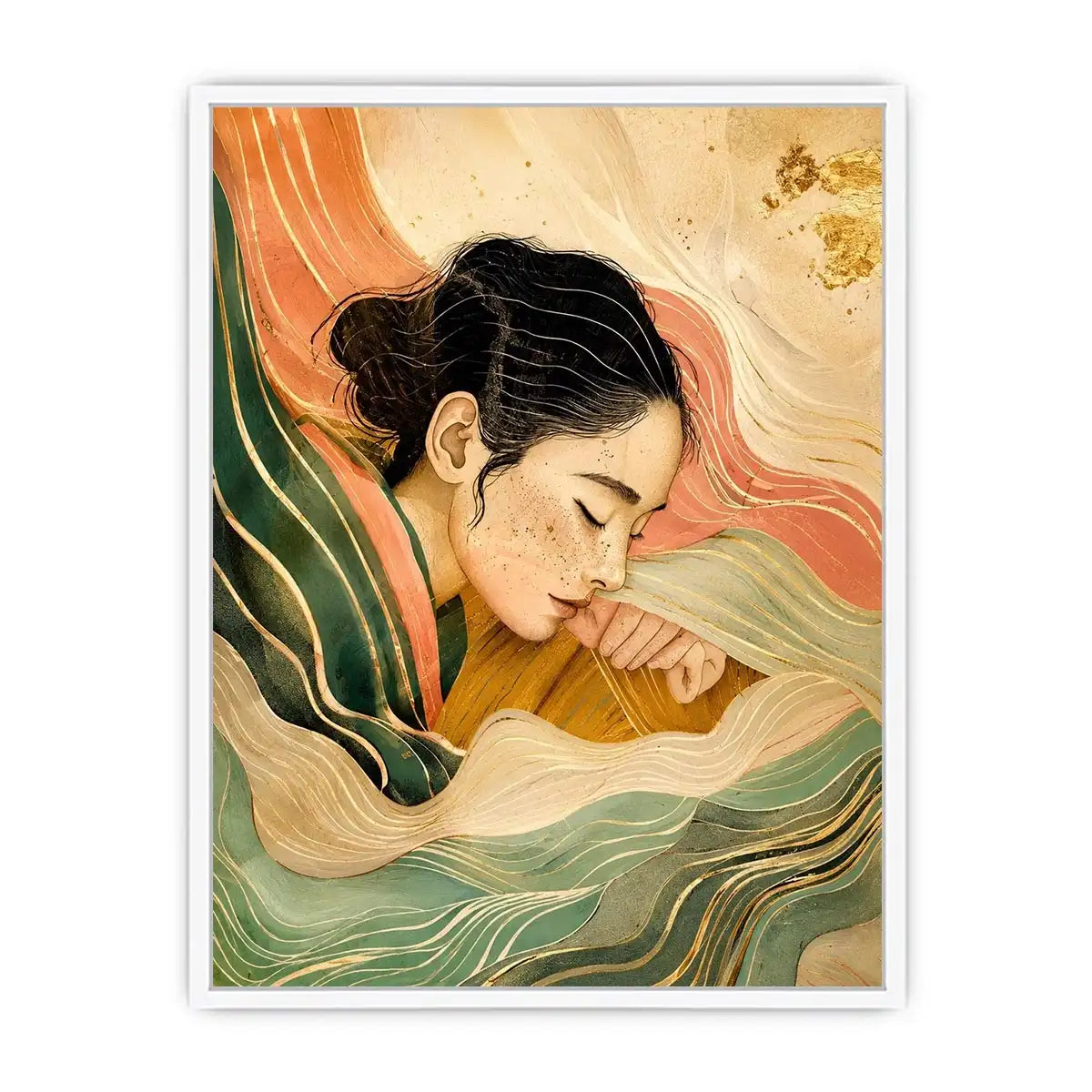 Abstract feminine portrait with flowing lines for calming Japandi bedroom decor.