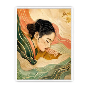 Abstract feminine portrait with flowing lines for calming Japandi bedroom decor.