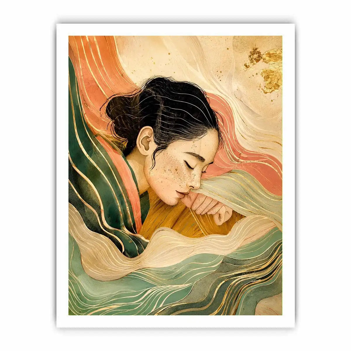 Abstract feminine portrait with flowing lines for calming Japandi bedroom decor.