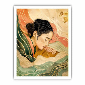 Abstract feminine portrait with flowing lines for calming Japandi bedroom decor.
