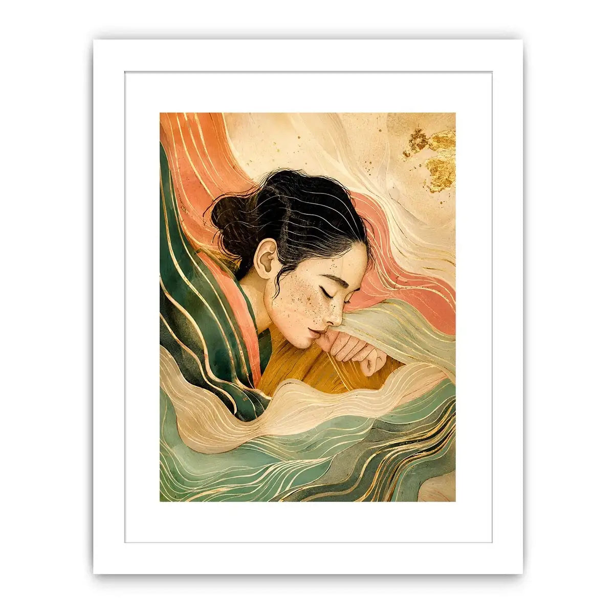 Abstract feminine portrait with flowing lines for calming Japandi bedroom decor.
