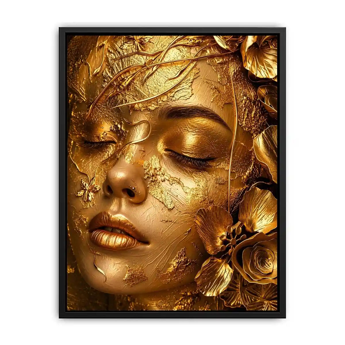 Gold textured portrait artwork with floral elegance for upscale modern interiors.