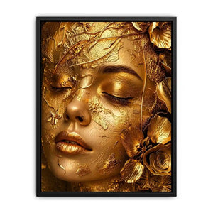 Gold textured portrait artwork with floral elegance for upscale modern interiors.