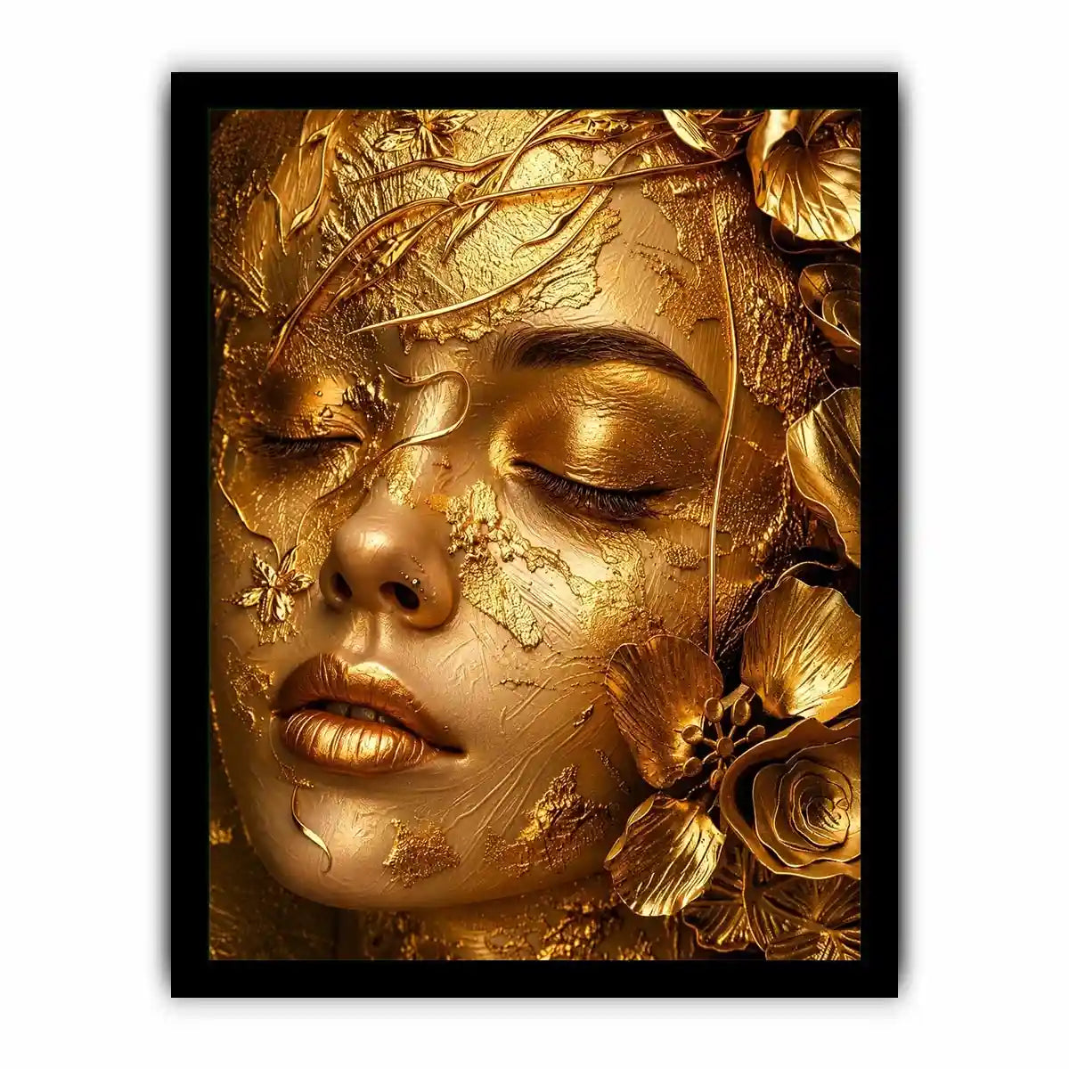 Gold textured portrait artwork with floral elegance for upscale modern interiors.