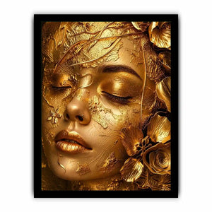 Gold textured portrait artwork with floral elegance for upscale modern interiors.