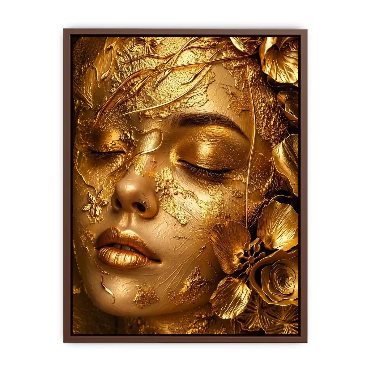 Gold textured portrait artwork with floral elegance for upscale modern interiors.