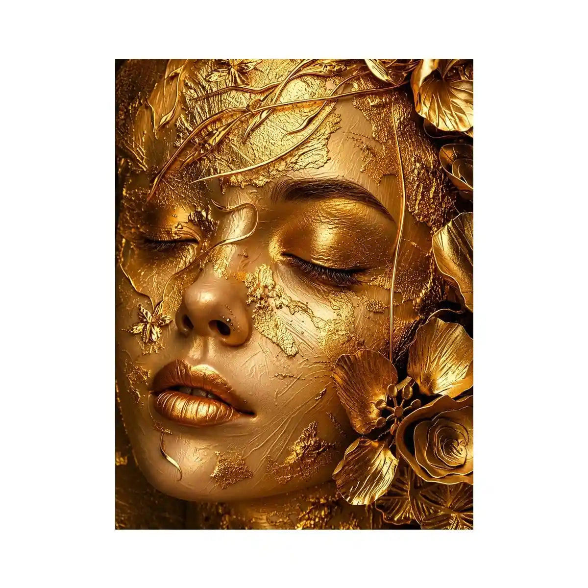 Gold textured portrait artwork with floral elegance for upscale modern interiors.