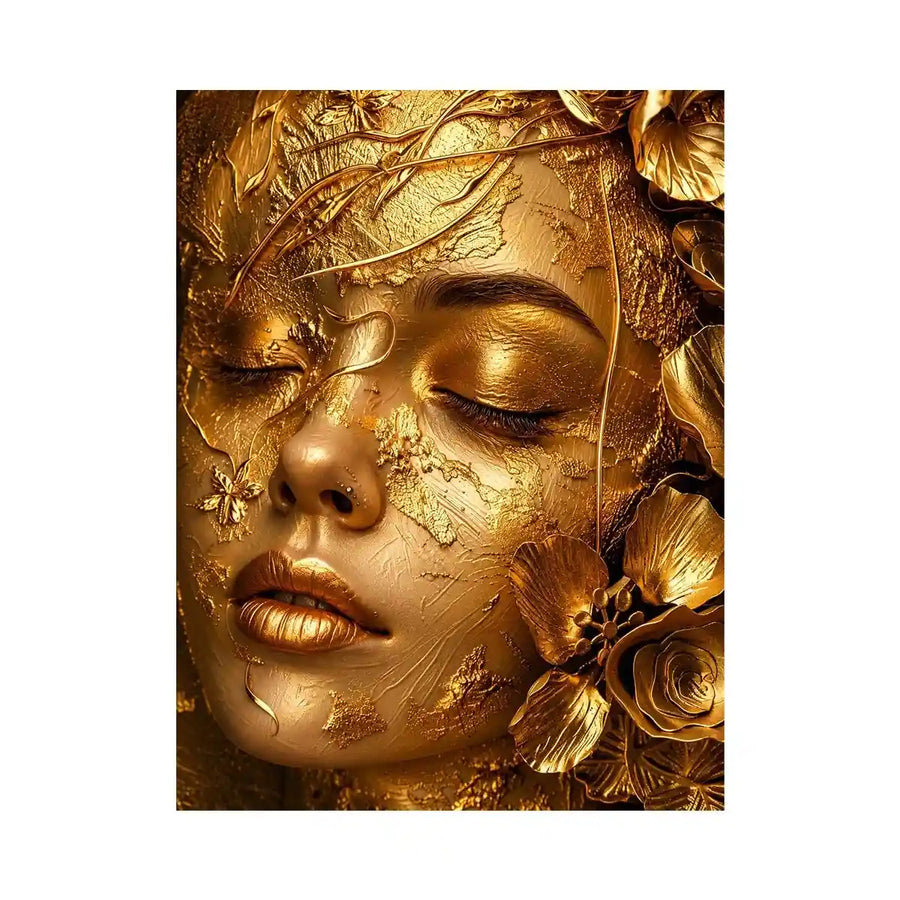 Gold textured portrait artwork with floral elegance for upscale modern interiors.