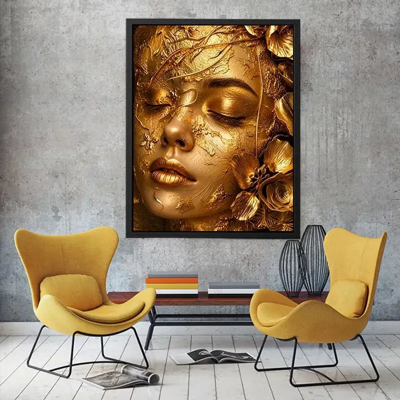 Gold textured portrait artwork with floral elegance for upscale modern interiors.