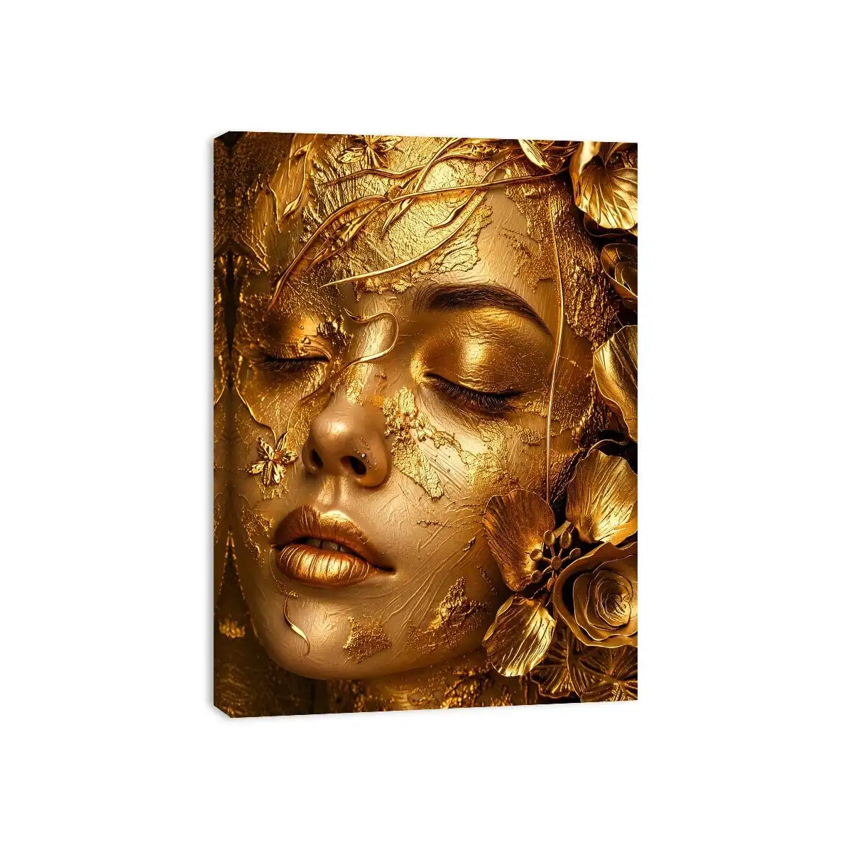 Gold textured portrait artwork with floral elegance for upscale modern interiors.