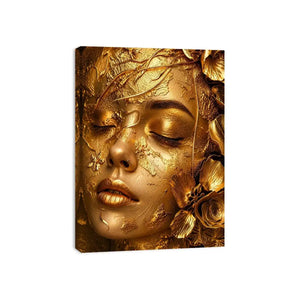 Gold textured portrait artwork with floral elegance for upscale modern interiors.