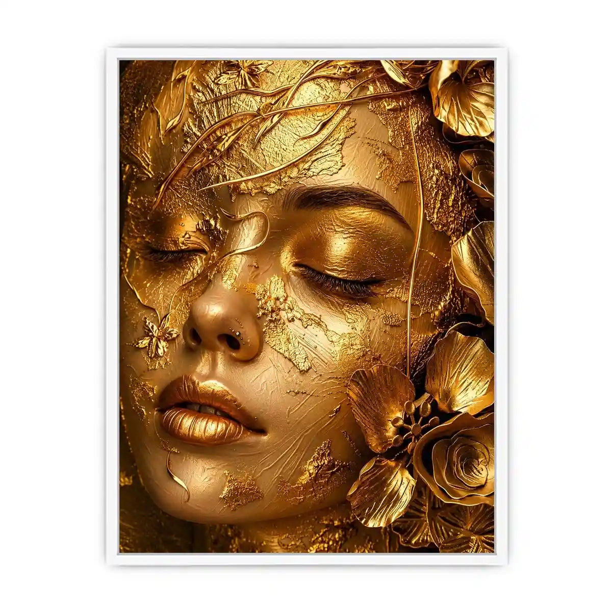 Gold textured portrait artwork with floral elegance for upscale modern interiors.