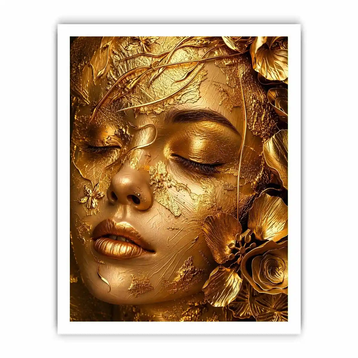 Gold textured portrait artwork with floral elegance for upscale modern interiors.