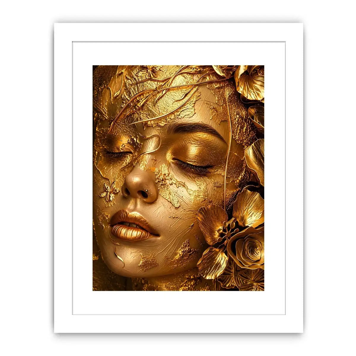 Gold textured portrait artwork with floral elegance for upscale modern interiors.