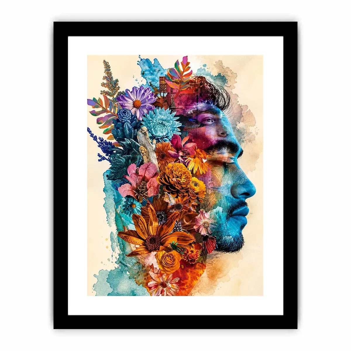 Floral double exposure portrait wall art with colorful botanical collage, artistic face silhouette canvas print for modern luxury home decor