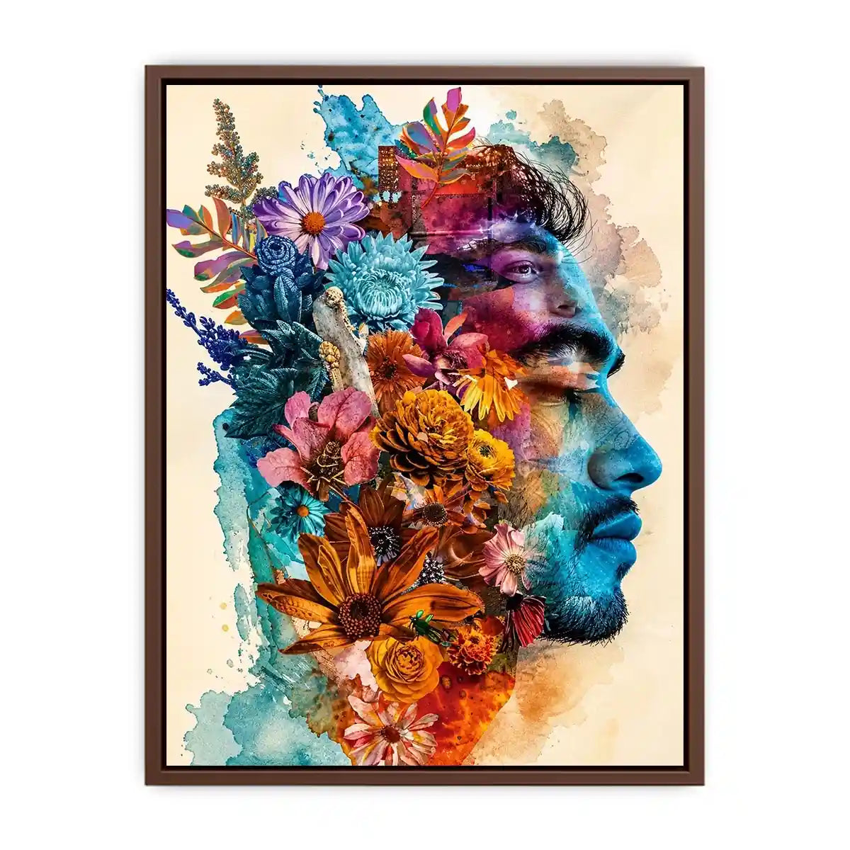 Floral double exposure portrait wall art with colorful botanical collage, artistic face silhouette canvas print for modern luxury home decor