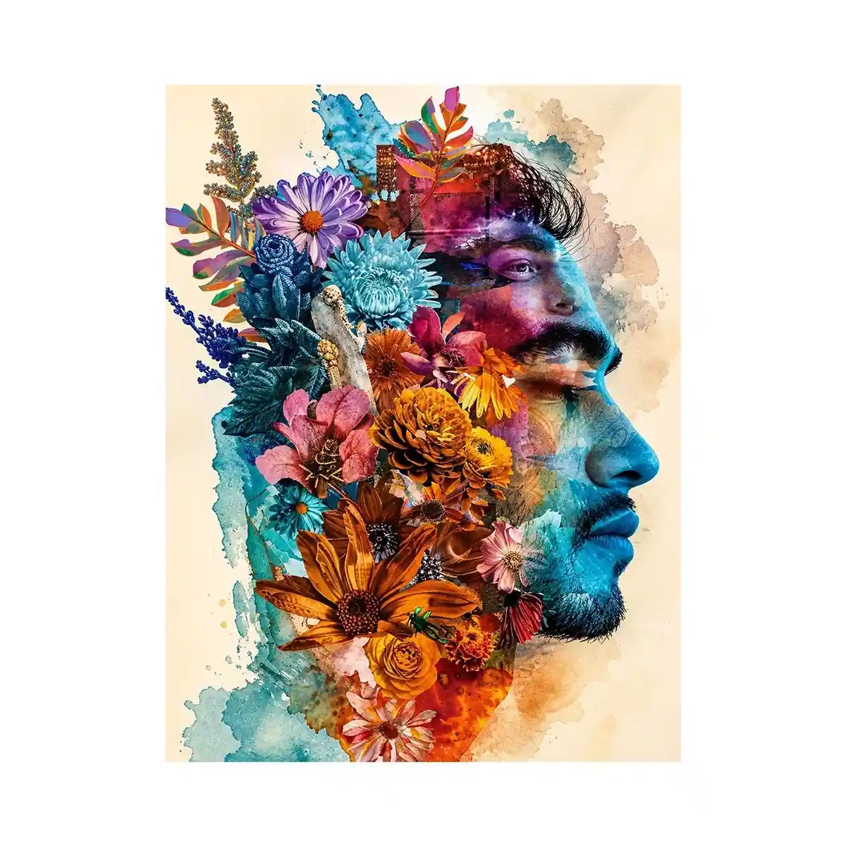 Floral double exposure portrait wall art with colorful botanical collage, artistic face silhouette canvas print for modern luxury home decor