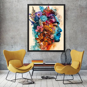 Floral double exposure portrait wall art with colorful botanical collage, artistic face silhouette canvas print for modern luxury home decor