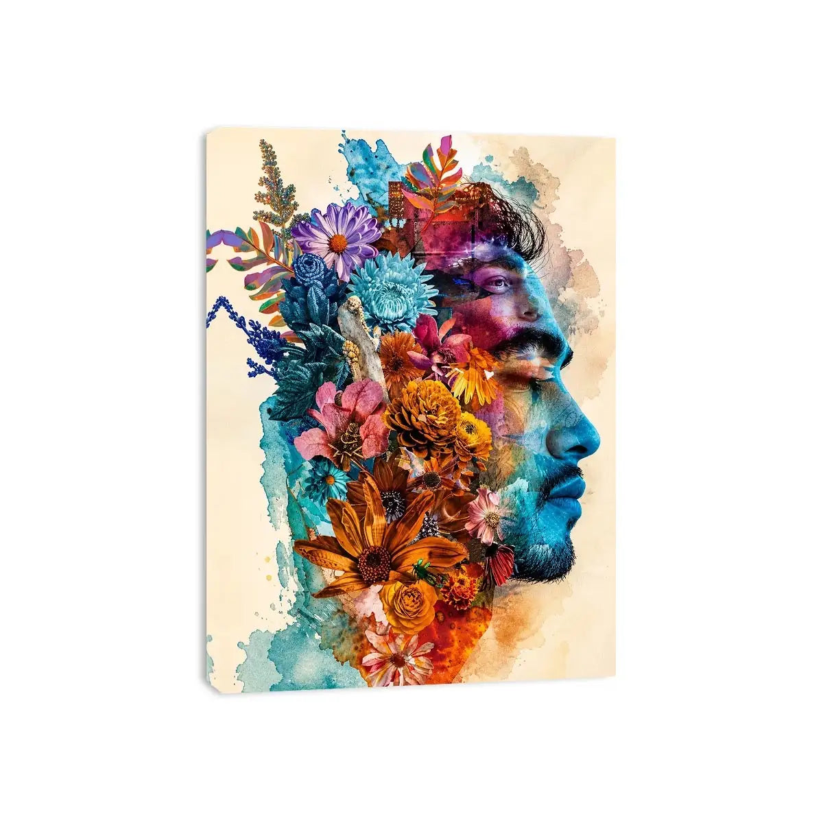 Floral double exposure portrait wall art with colorful botanical collage, artistic face silhouette canvas print for modern luxury home decor