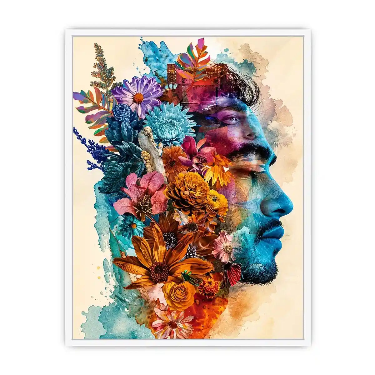 Floral double exposure portrait wall art with colorful botanical collage, artistic face silhouette canvas print for modern luxury home decor