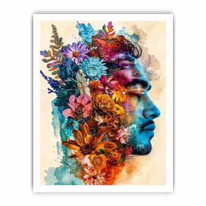 Floral double exposure portrait wall art with colorful botanical collage, artistic face silhouette canvas print for modern luxury home decor