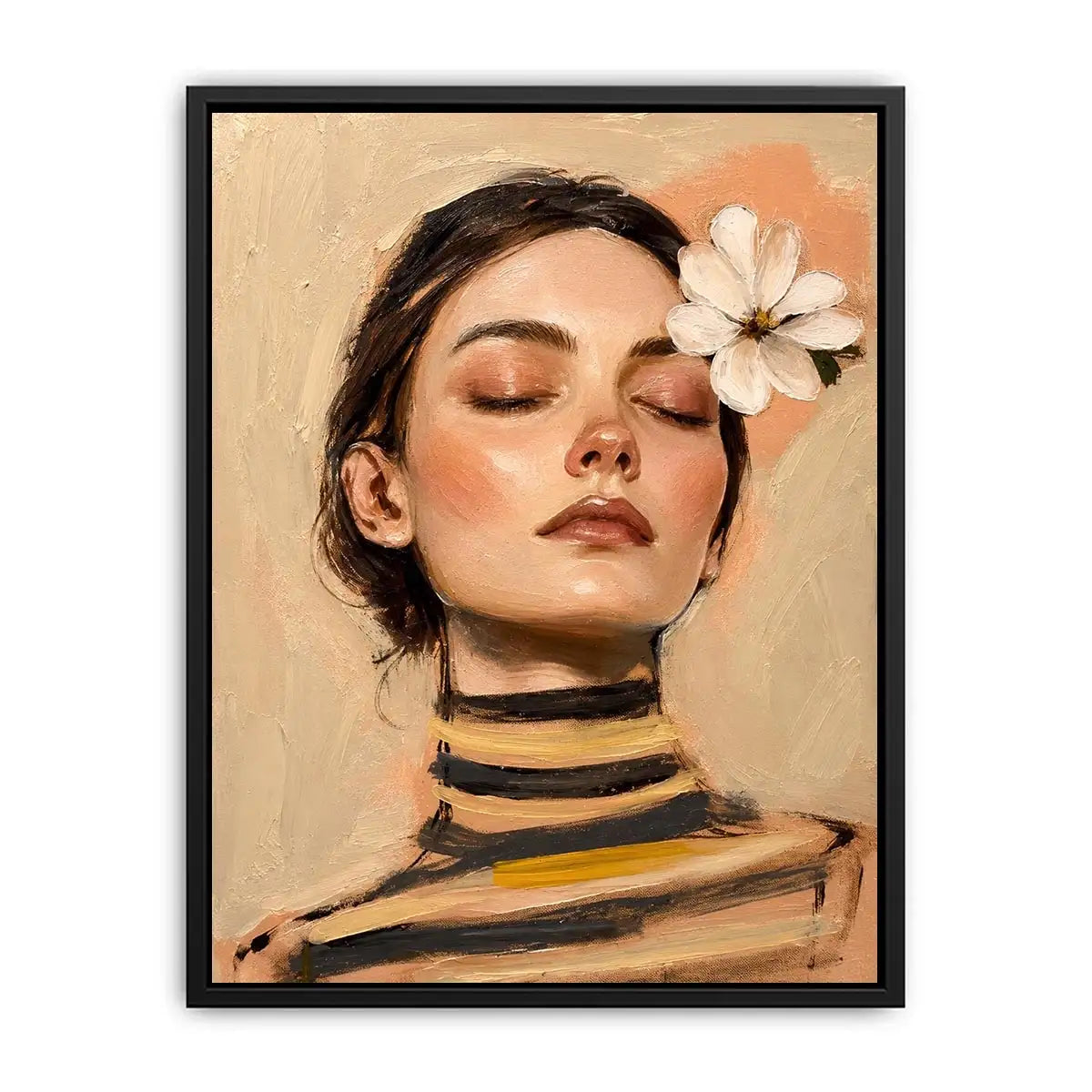 Soft feminine portrait painting with floral accents for peaceful bedroom decor.