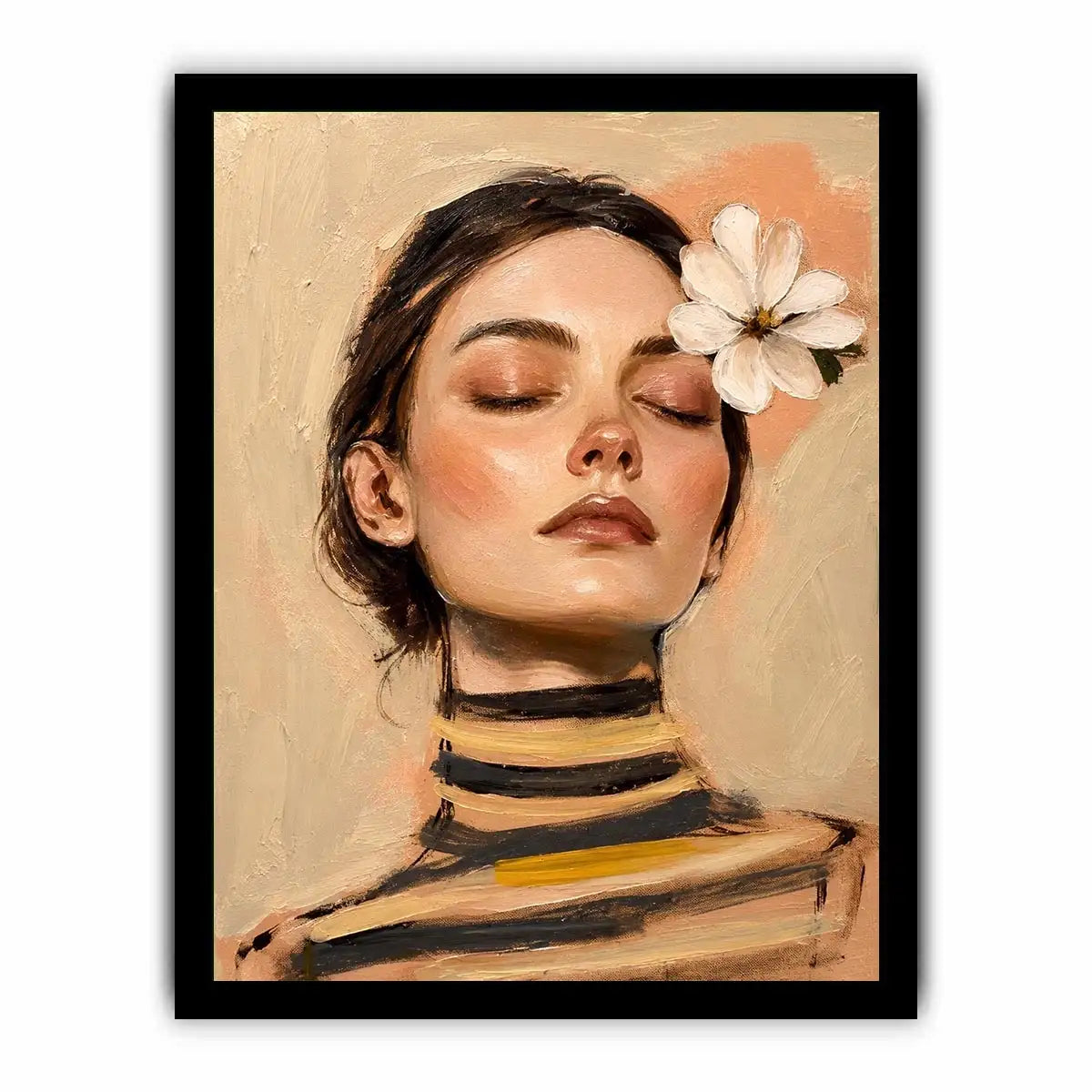 Soft feminine portrait painting with floral accents for peaceful bedroom decor.