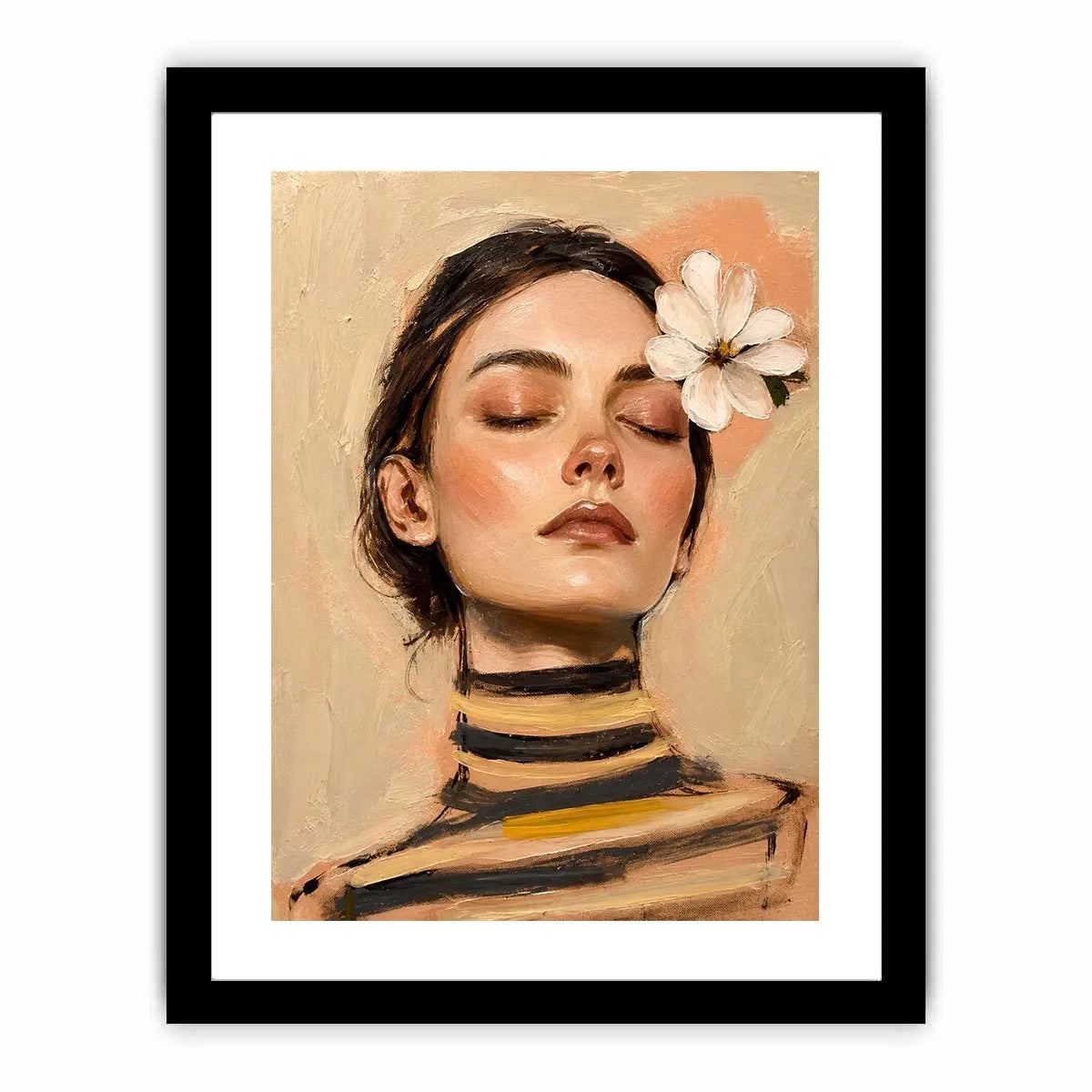 Soft feminine portrait painting with floral accents for peaceful bedroom decor.