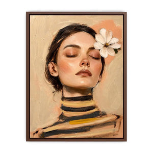 Soft feminine portrait painting with floral accents for peaceful bedroom decor.