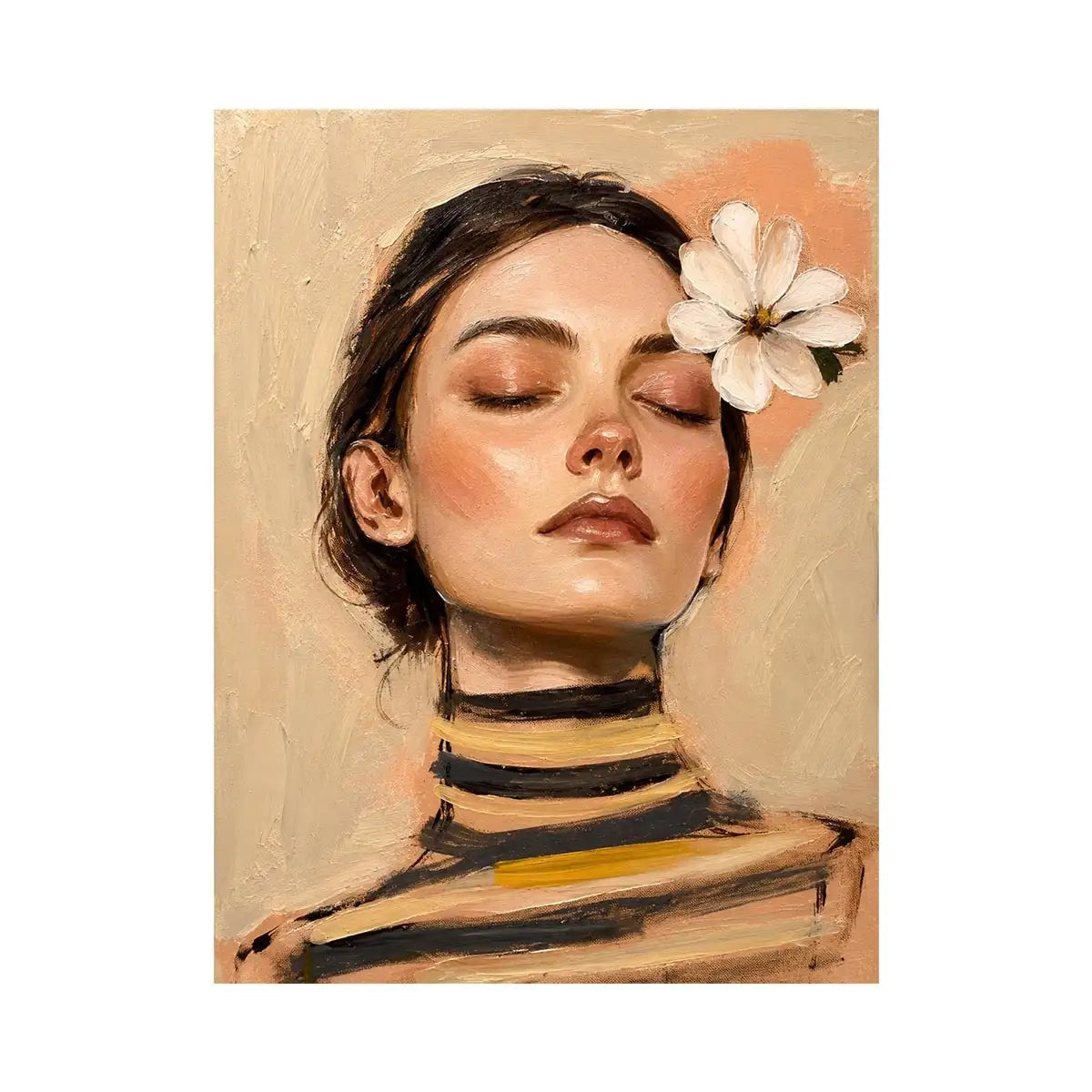 Soft feminine portrait painting with floral accents for peaceful bedroom decor.