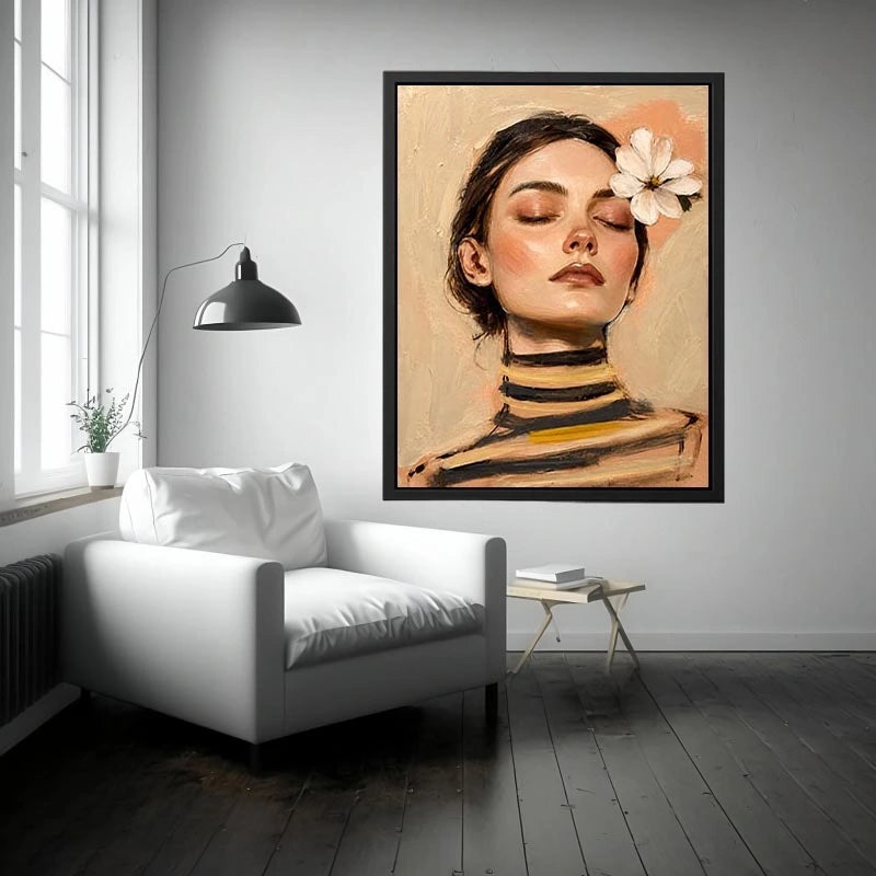 Soft feminine portrait painting with floral accents for peaceful bedroom decor.