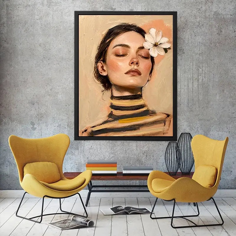 Soft feminine portrait painting with floral accents for peaceful bedroom decor.