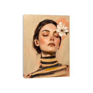 Soft feminine portrait painting with floral accents for peaceful bedroom decor.