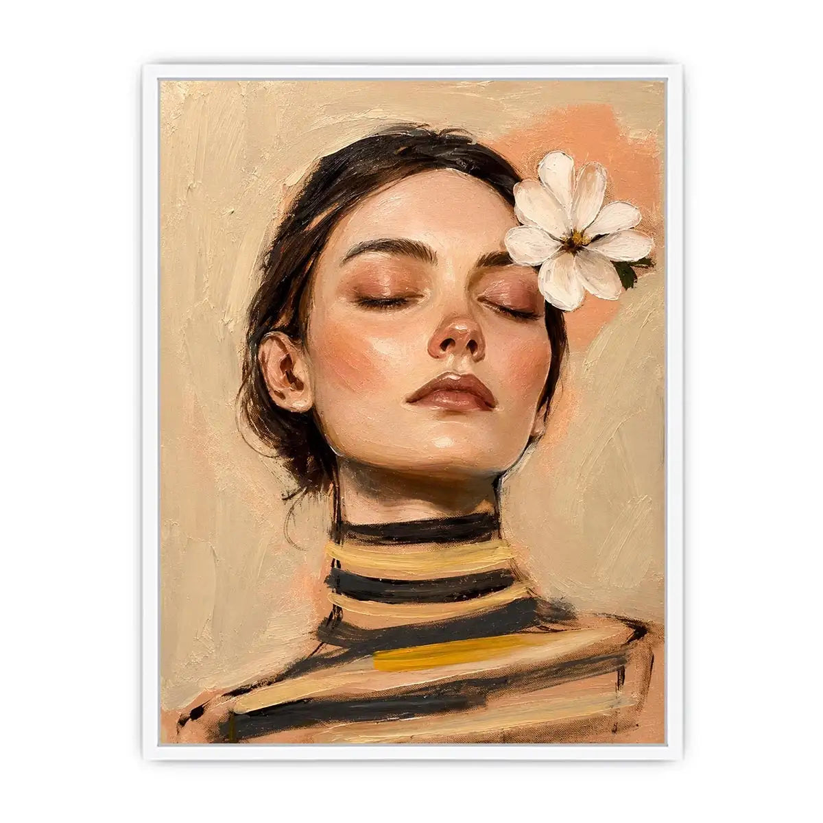 Soft feminine portrait painting with floral accents for peaceful bedroom decor.